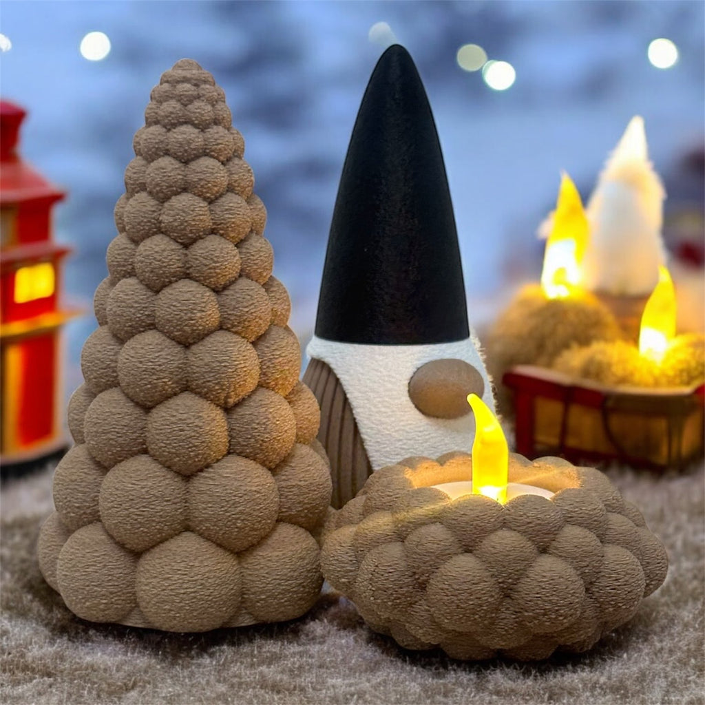 Mały Skandynawski Zestaw Świąteczny: Skrzat + Choinka + 2 Świeczki LED • Dekoracja Bożonarodzeniowa