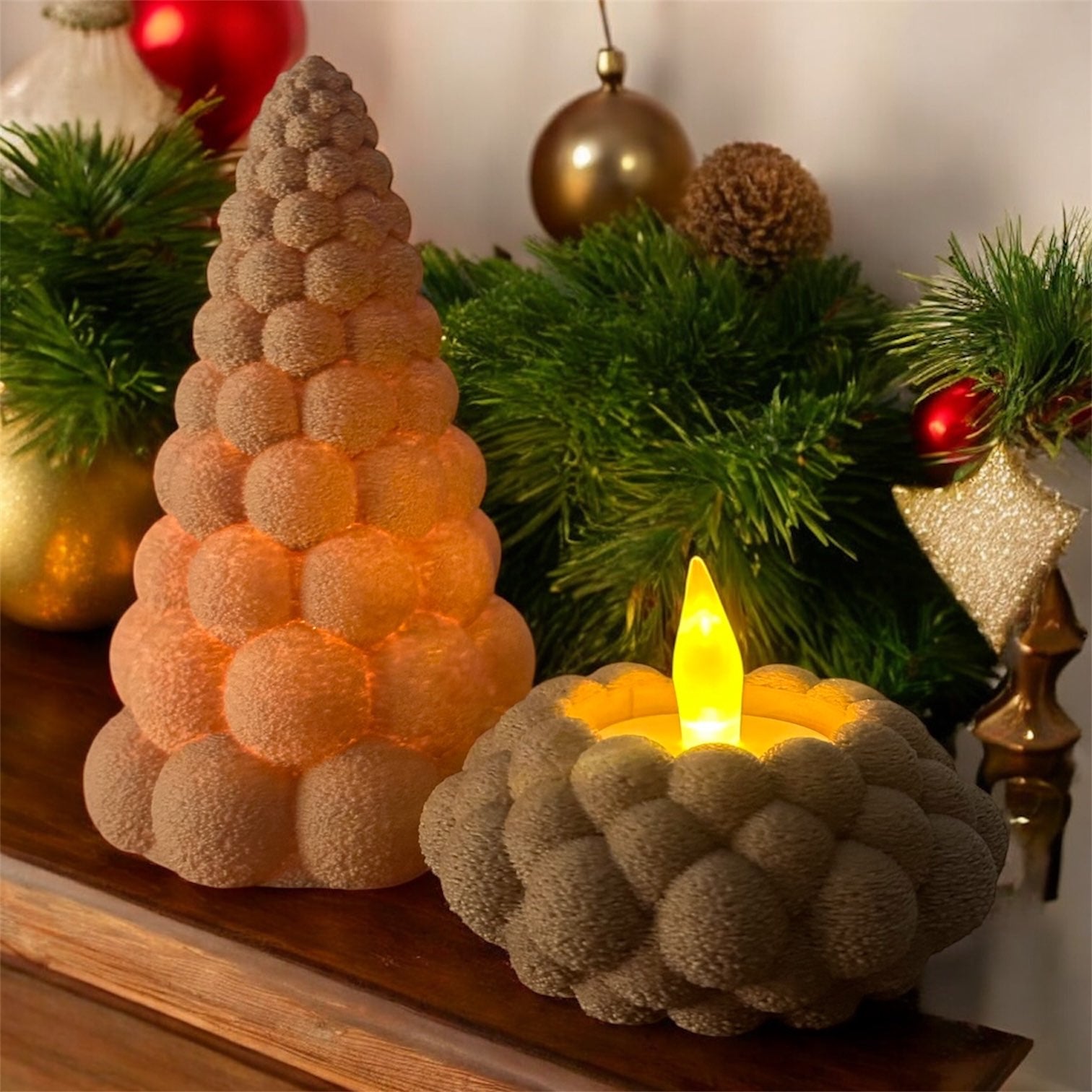 Mały Skandynawski Zestaw Świąteczny: Skrzat + Choinka + 2 Świeczki LED • Dekoracja Bożonarodzeniowa